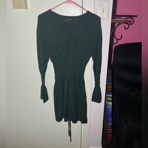 🦋 Express Forest Green Sweater Dress with Lace-up Corset Front and Bell Sleeves
